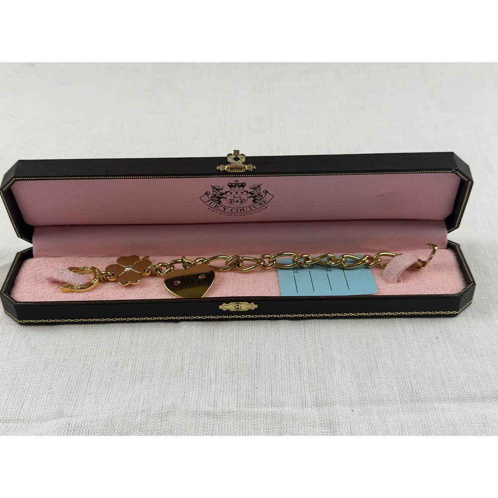 Vintage Y2k Juicy Couture Gold Charm Bracelet In JC Box Horseshoe Clover Heart